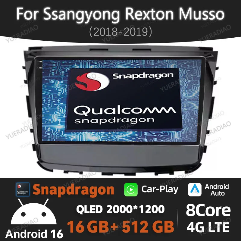 Android 16 Carplay Auto For Ssangyong Rexton Musso 2018 2019 Head Unit GPS NAVI Qualcomm Multimedia Stereo Video Player 4G WIFI