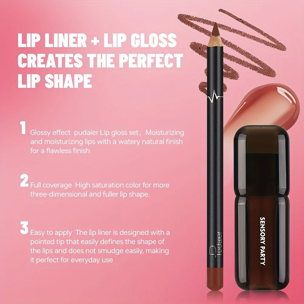 Zestaw błyszczyków i konturówek do ust Pudaier, nawilżający, długotrwały, wodoodporny, nie rozmazujący się makijaż ust, gładki zestaw do ust dla kobiet
