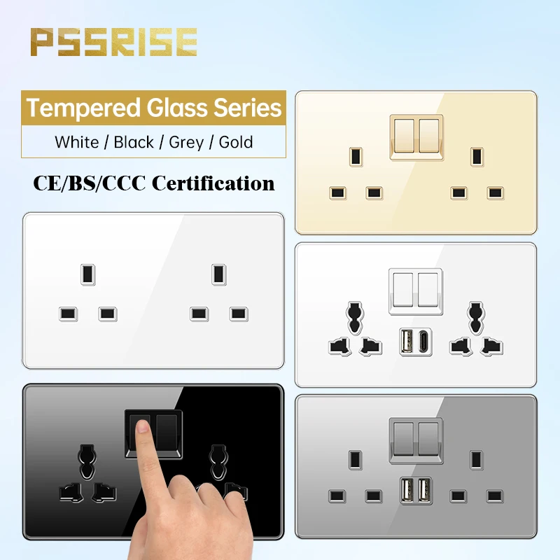 Pssrise 146 Type Uk Eu Muur Schakelaar Socket Met Dc 5V 3.1A Type-C Usb Charger Volledige Gehard glazen Paneel Lichtschakelaar Stopcontact