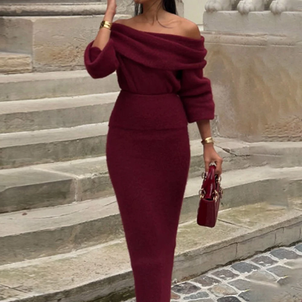 TWOTWINSTYLE Solid Slimming Dresses For Women Slash Neck Long Sleeve High Waist Minimalist Knitting Dress Female Fashion New