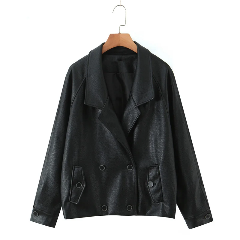 เสื้อแจ็คเก็ตหนัง PU สไตล์มินิมอลวินเทจแบบกระดุมสองแถวสำหรับผู้หญิง แบรนด์ Maxdutti เหมาะสำหรับใส่ขี่มอเตอร์ไซค์และเป็นเสื้อคลุมกันหนาว
