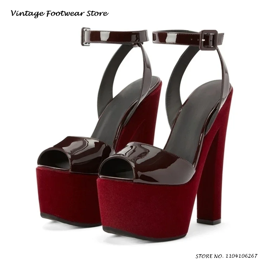 

17cm Patent Leather Suede Platform Sandals Elegant Round Opent Toe Chunk Heel Party Shoes Women's Summer Fashion High Heels