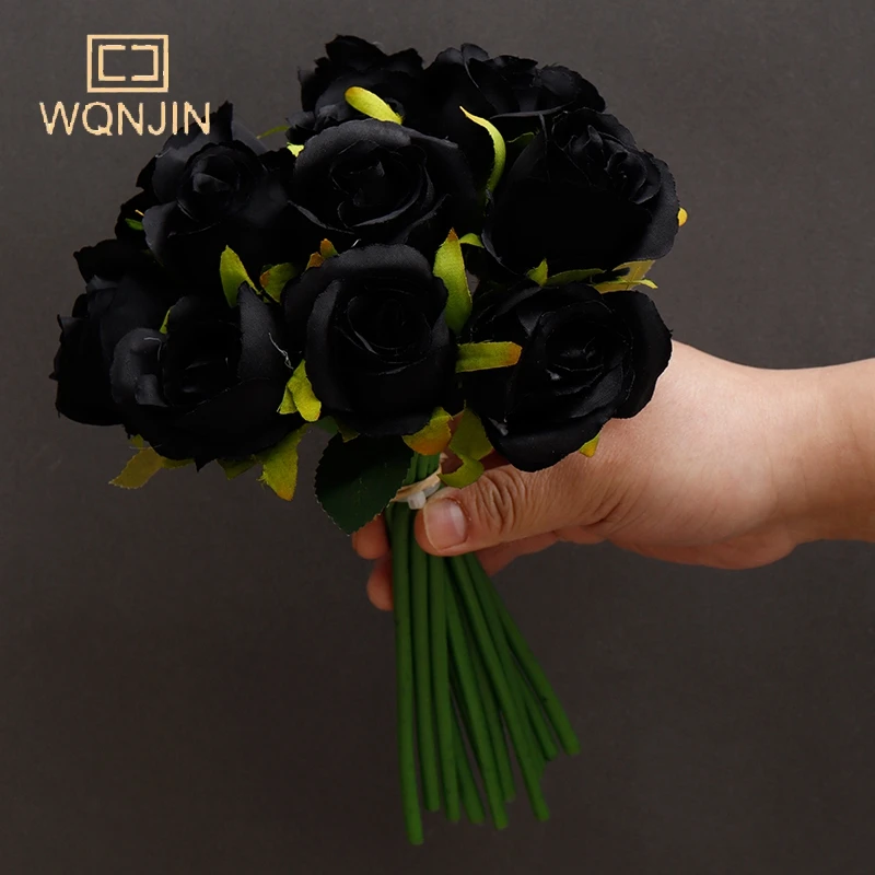 WQNJIN Künstlicher Blumenstrauß, 12 Köpfe, Seidenrose, blaue Blume, gefälschter Rosenbund, Hochzeit, Party, Zuhause, Tisch, Geschenk, Dekoration – Detail 1
