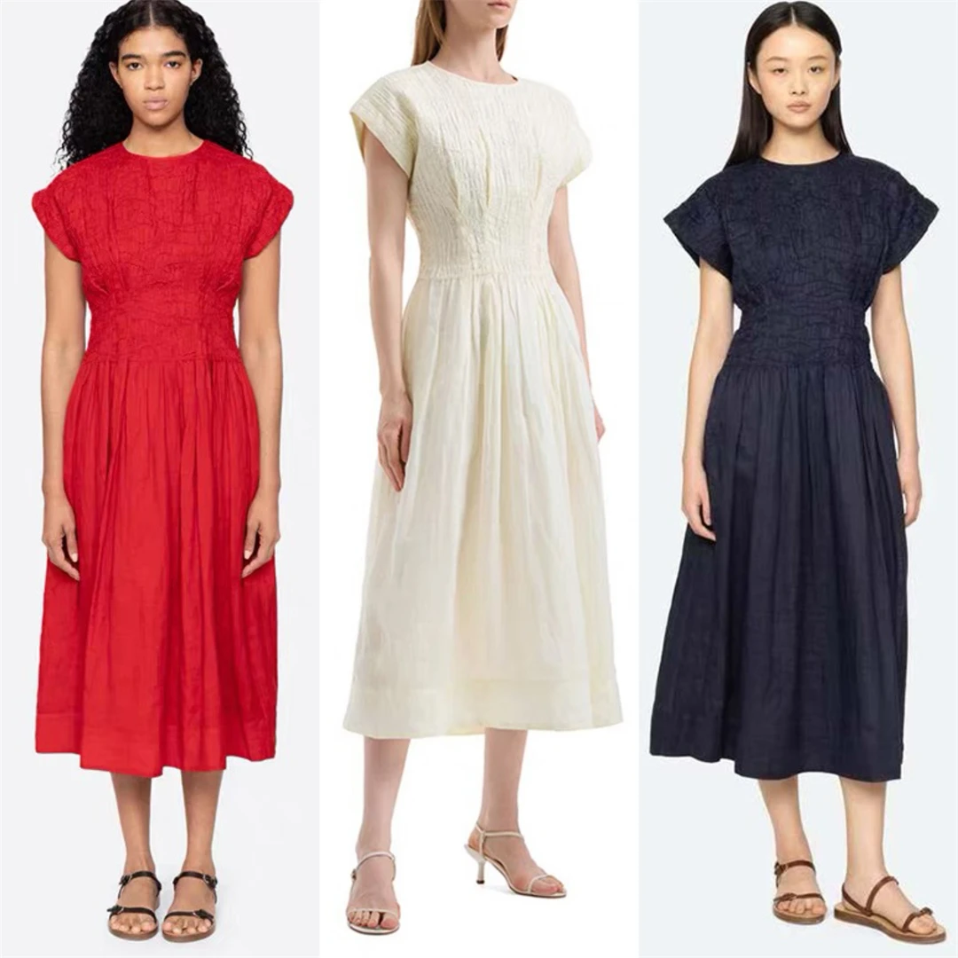 

Elegant Folded Skirt Dress High Waist A-Line Cotton Linen Blend Short Sleeve Casual Fit for Spring City Walk