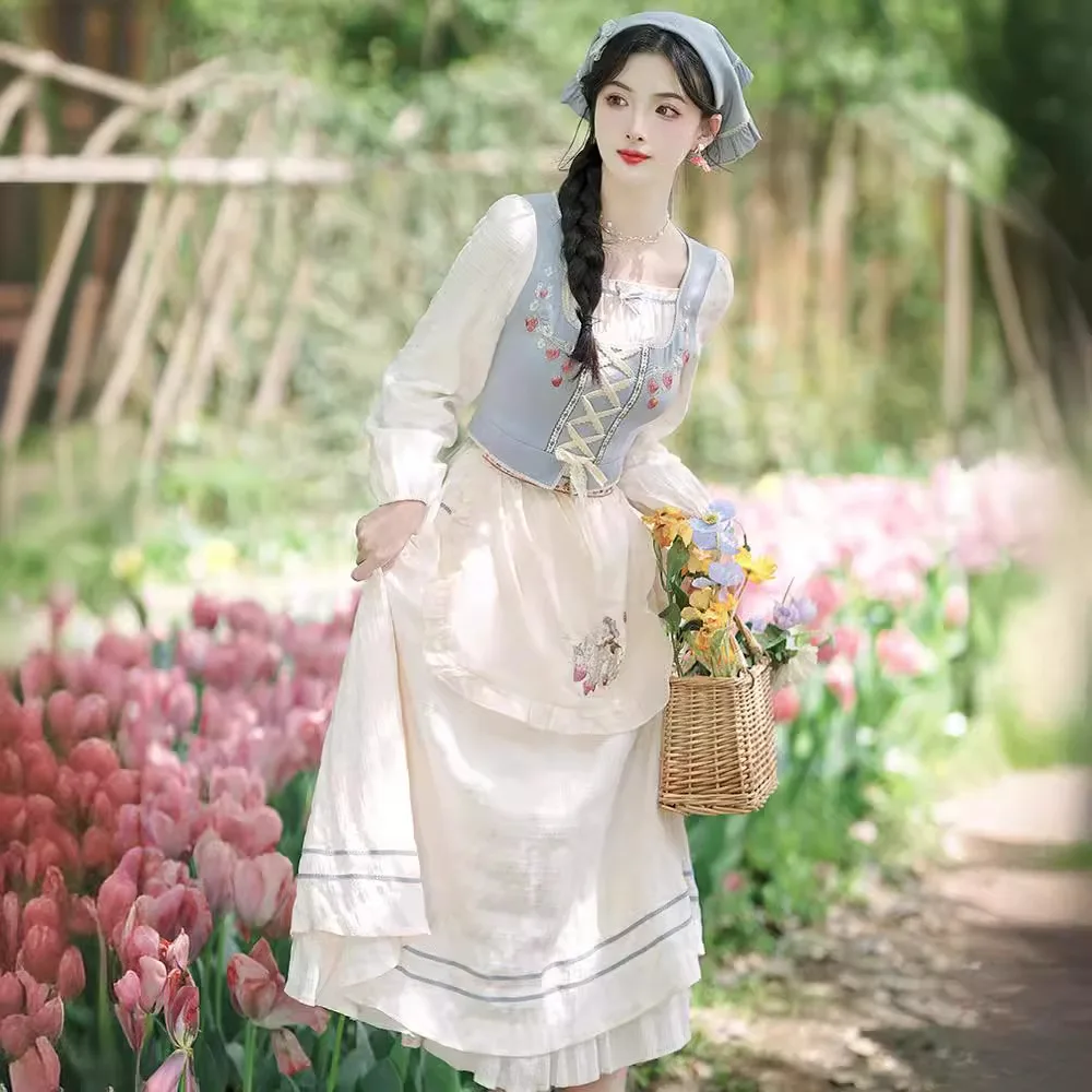 Vintage Art Forest Embroidery Age reducing Countryside Style Lolita Chiffon Spliced Dress with Waist Closing Princess Dress