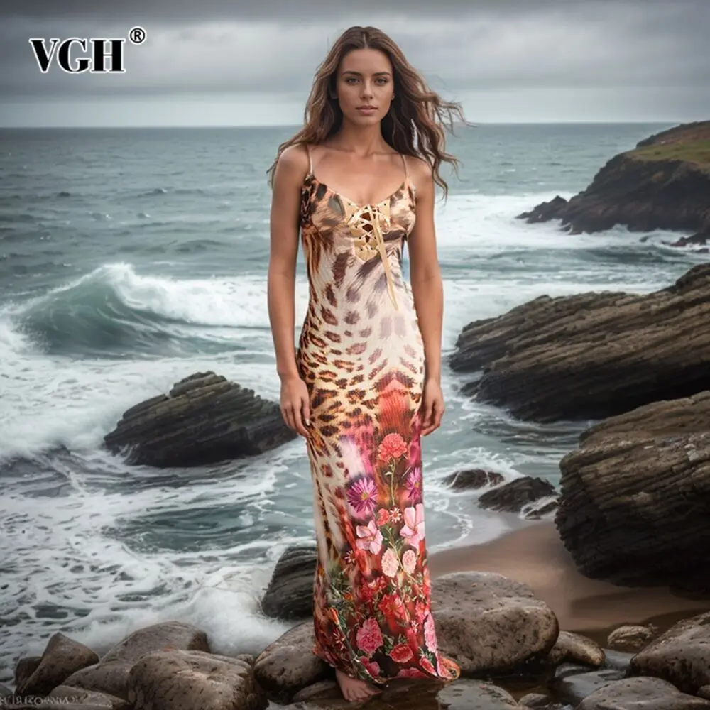 

VGH Hit Color Printing Slimming Dresses For Women Square Collar Sleeveless Backless High Waist Spliced Lace Up Long Dress Female