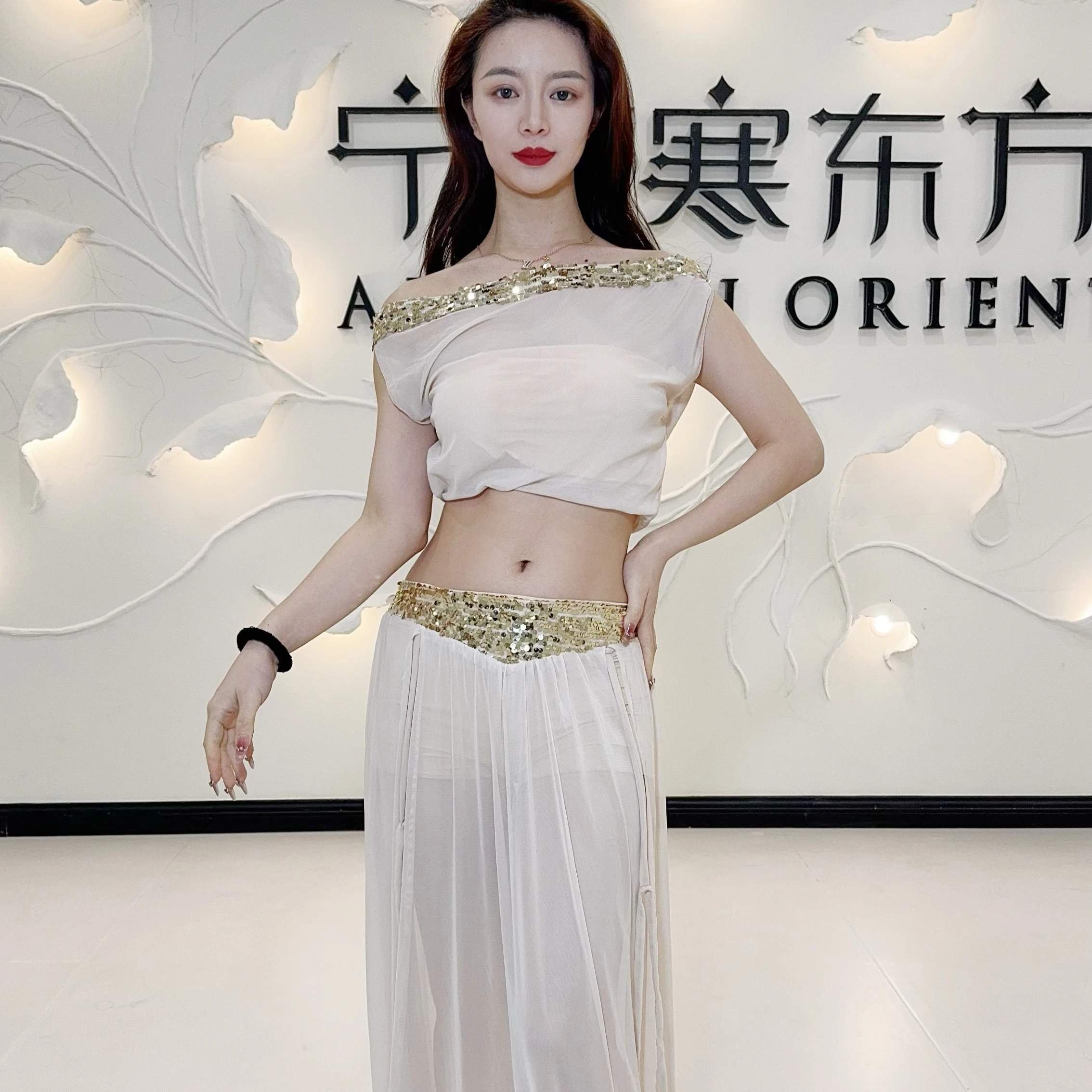 

Belly Dancing Practice Suit for Women Popsong Set Long Sleeves Top+Sexy Long Skirt 2pcs for Girl's Oriental Belly Dancer Costume