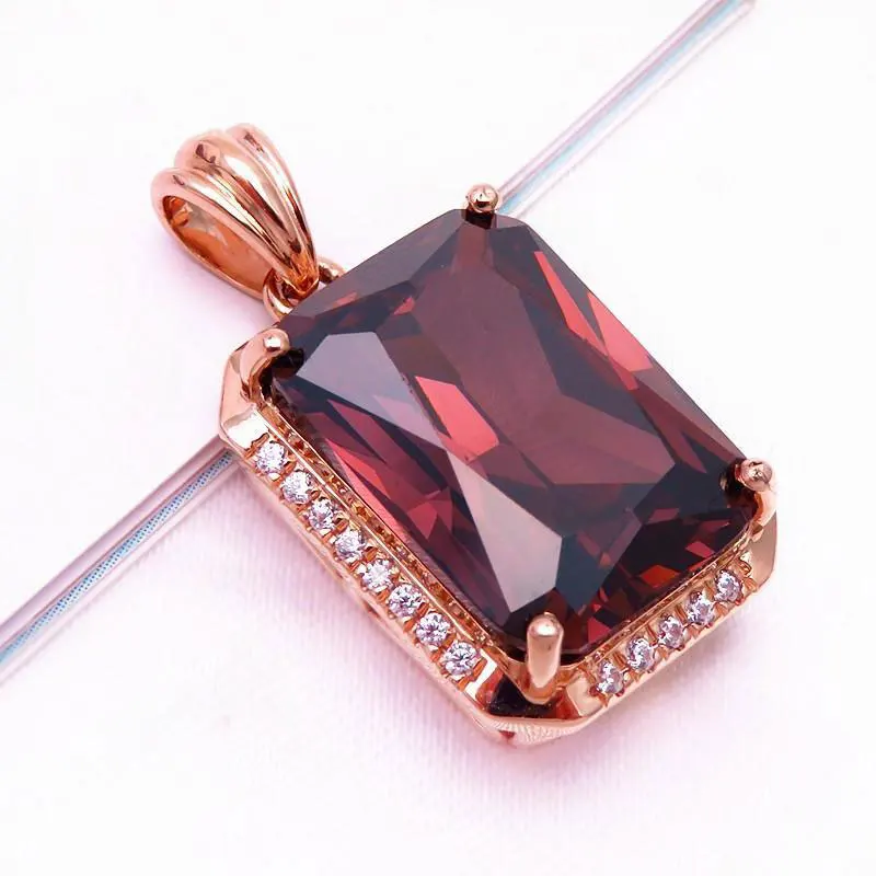 585 purple gold plated 14K rose gold inlaid square luxury Rubies crystal pendant necklaces for women wedding dinner jewelry