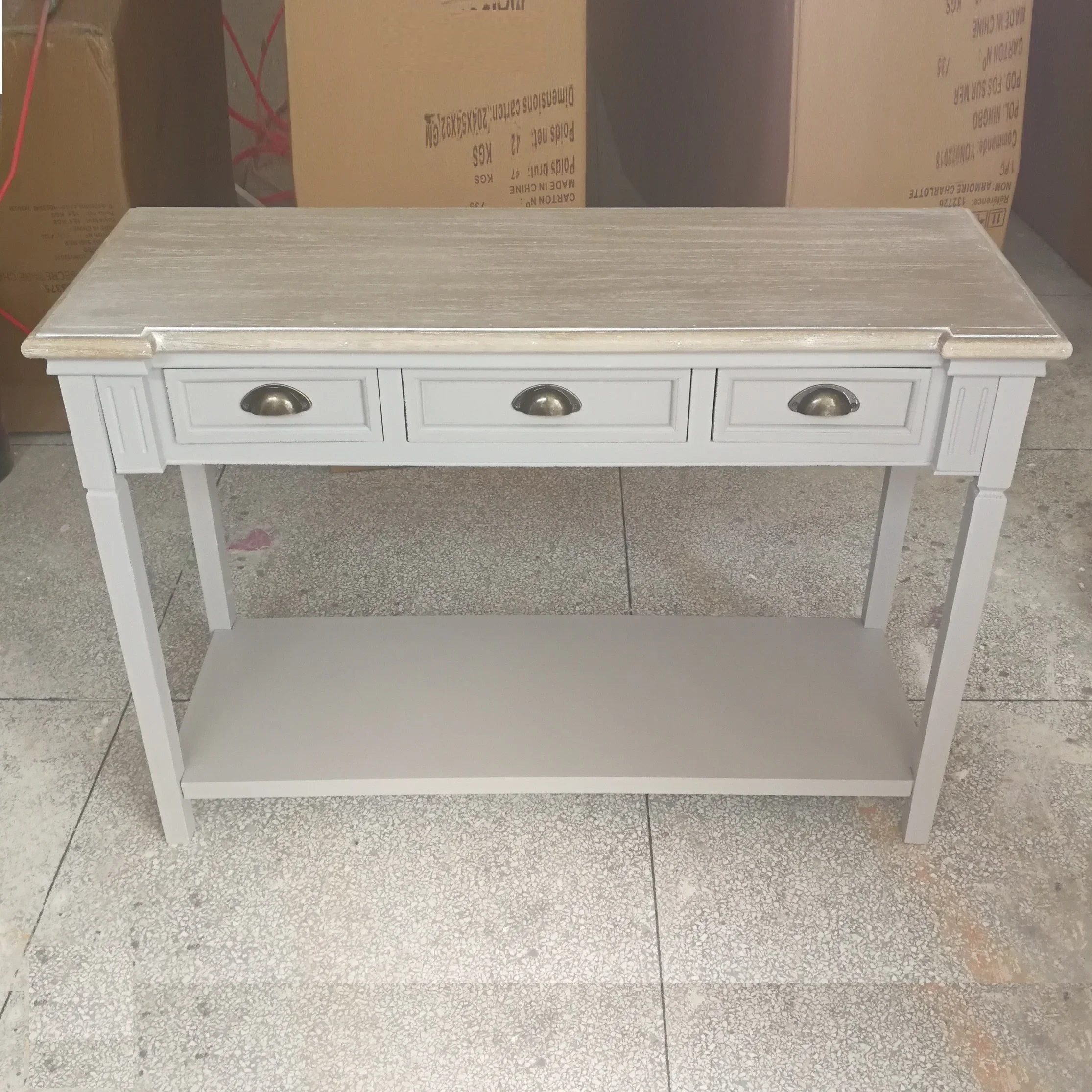 

-Classic Antique 3 Drawer Wooden Console Table With Shelf