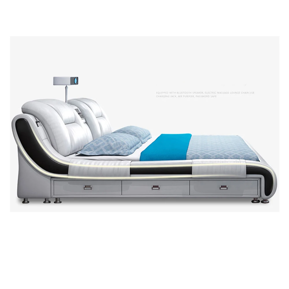 Genuine Leather Bed Multifunctional Beds Ultimate Massage Camas with Bluetooth,Speaker,Safe,Air Cleaner, Projector,Drawers