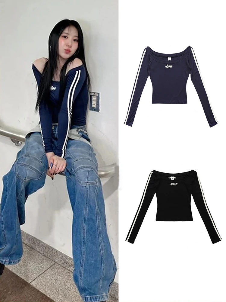 قميص نسائي بأكمام طويلة ملابس خارجية للربيع والخريف ملابس داخلية بكتف واحد مثير تي شيرت صيفي بتصميم نحيف