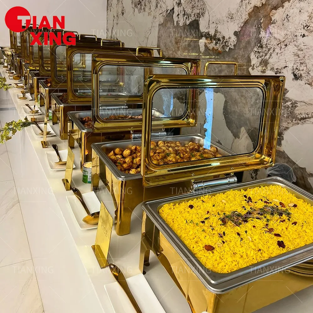 

TIANXING New 2025 Luxury Chaffing Dish Rectangular Golden Chafing Dish 9 Litres Pour Buffet Food Warmer for Catering Events