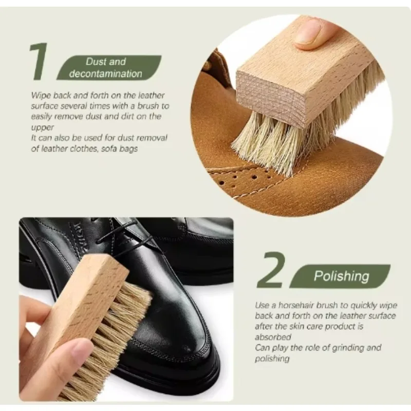 Brosse à Chaussures en Poils de Cochon Dur et Doux, Multifonctionnelle, Manche en Bois Massif, Durable 03/Cuir, 2 Pièces