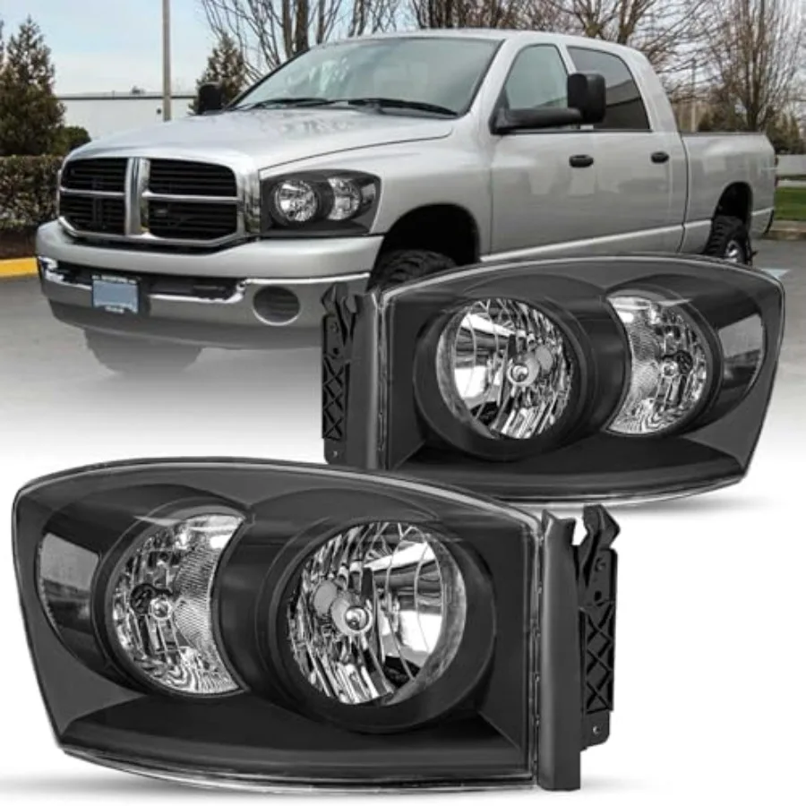 

Headlight Assembly Compatible with 06 07 08 Dodge Ram 1500 06 07 08 09 Ram 2500 3500 Pickup Passenger and Driver Side Black Hou