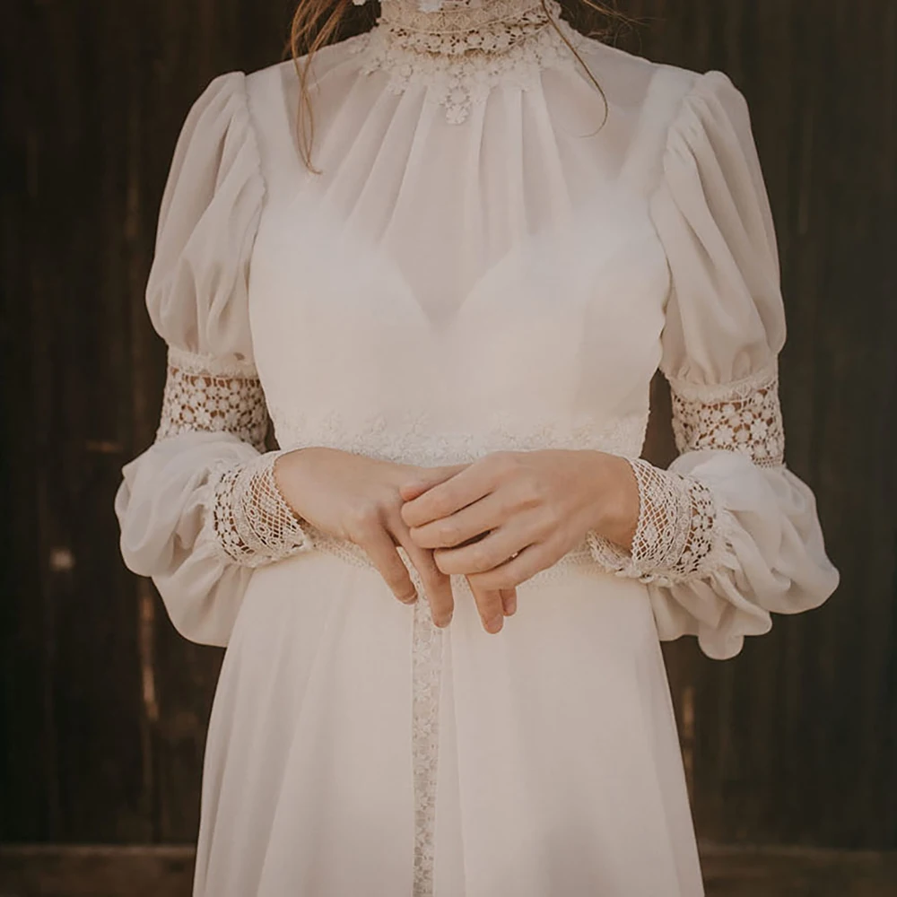 Medievale Victorian di Alta Collo Chiffon Abito Da Sposa UNA Linea di Maniche Lunghe Buco Della Serratura Posteriore A Pieghe Del Merletto Del Ritaglio 1920s Retro Abito Da Sposa