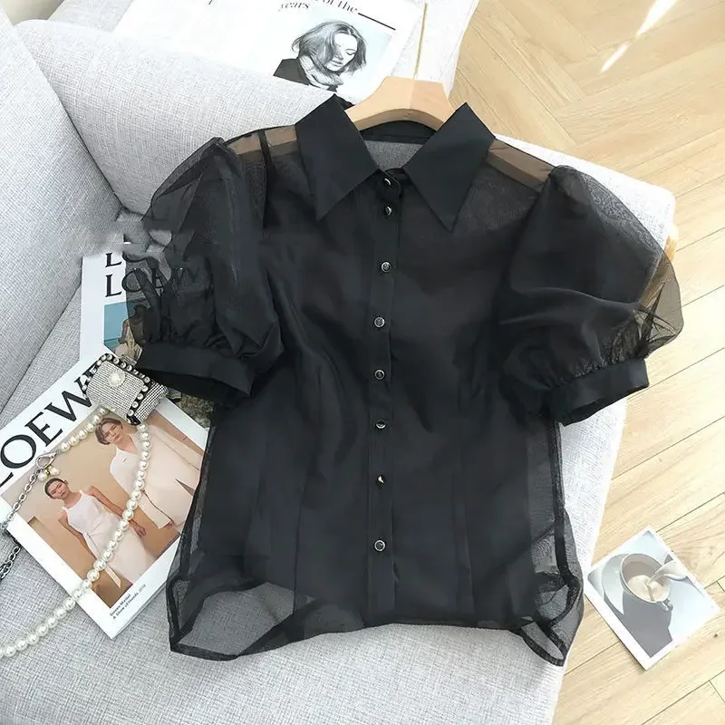 Pop Black Transparent Mesh Bubble Sleeve Short Sleeve Shirt Women Summer Hot Sale Of The Season New Style Loose Versatile Top Tr