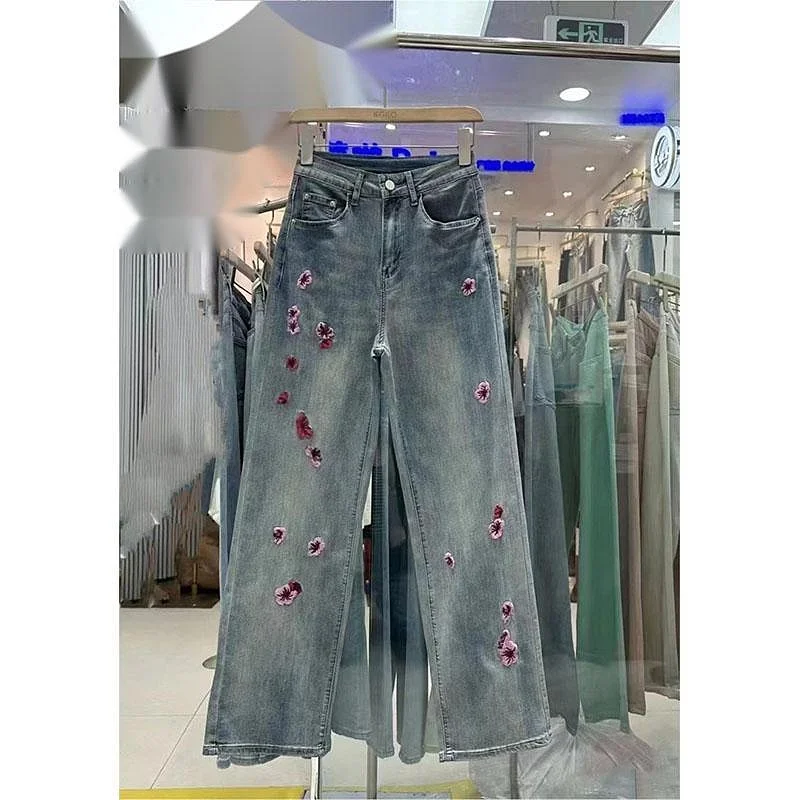 

Ele Embroidered High Waist Loose Fit Straight Leg Jeans Women's Summer Faion Slimming Pants Luxury European Sle