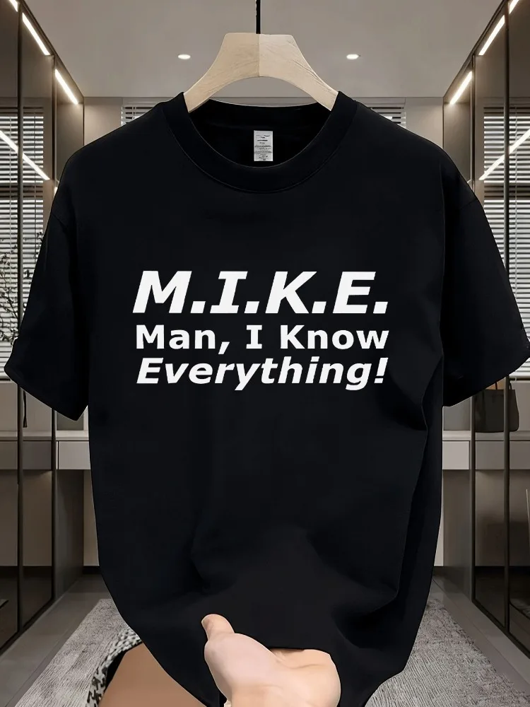 Mens Summer Cotton Tee Funny MIKE Man I Know Everything Letter Print Crew Neck Short Sleeve Casual Streetwear Daily Tops