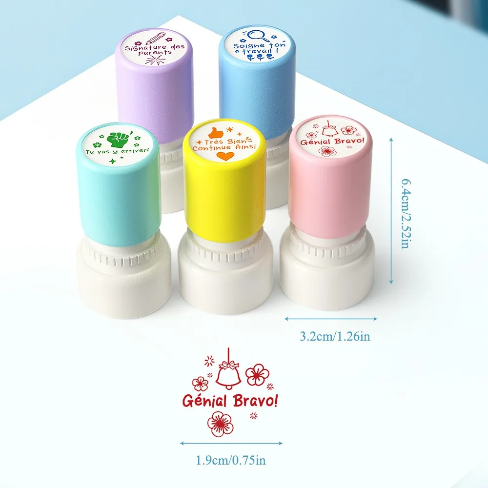 

5Pcs/Set French Teacher Seal Stamp Round Automatic inking French Seal Praise Emotional Expression Stamp Encourage Students