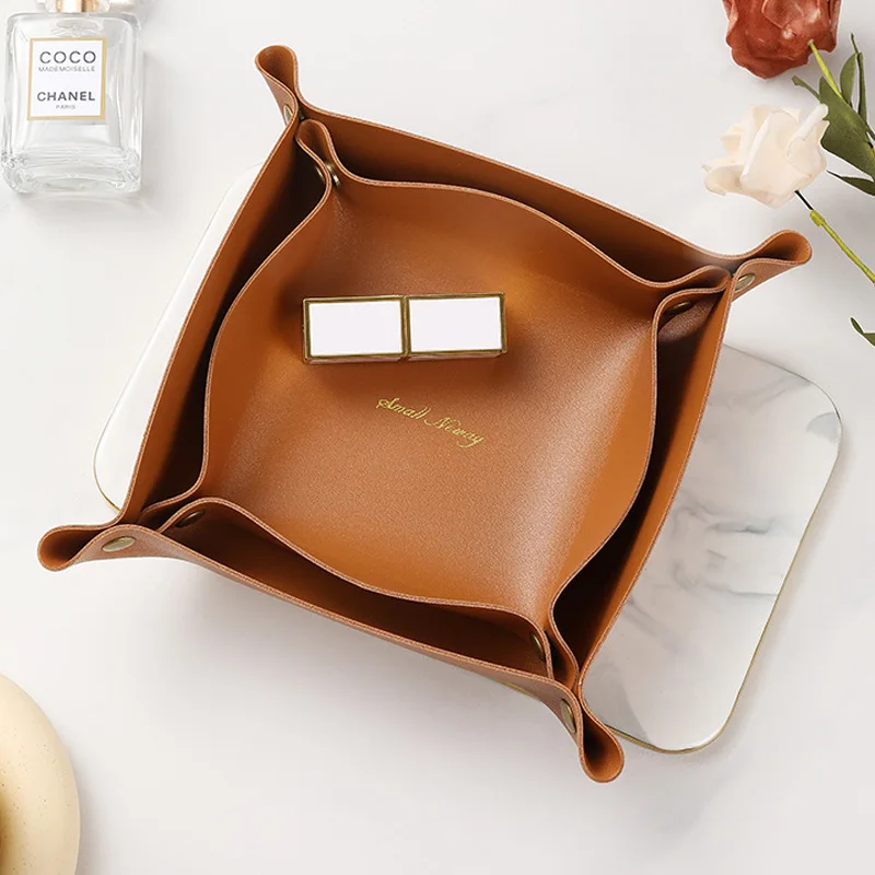 Desktop Storage Tray PVC Leather Key Jewelry Cosmetic Storage Plate Desktop Organizer Home Decoration Folding Storage Box