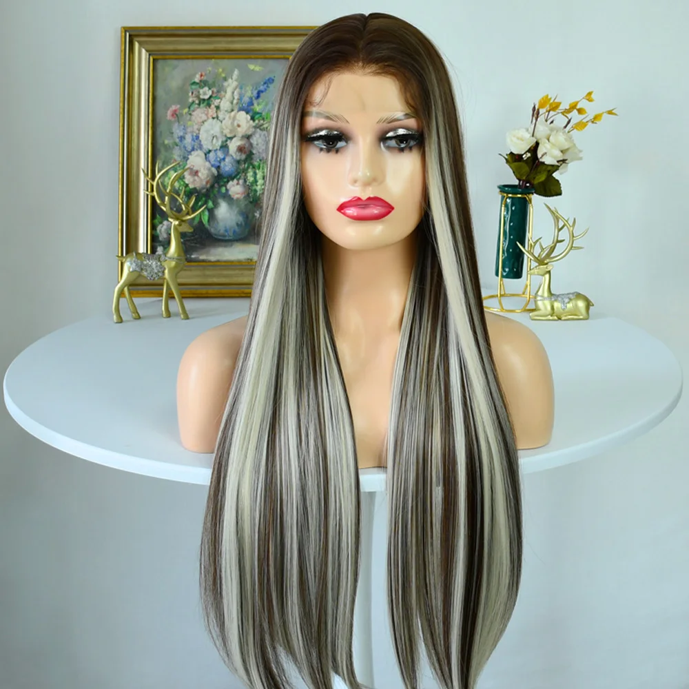 

13x4Hd Highlight Wigs Цветной парик фронта шнурка для женщин Серый блондин Прямой парик Кружевные фронтальные парики Синтетический парик pelucas de mujer