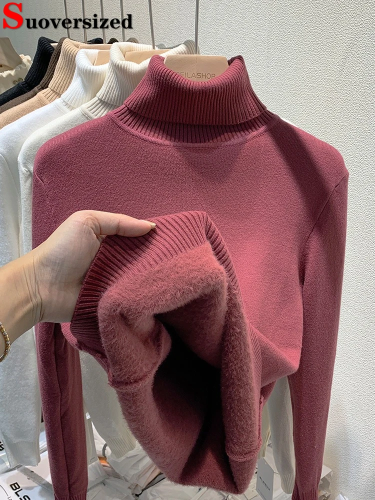 

Turtleneck Sweater Women Thicken Korean Fashion Velvet Lined Warm Sueter Knitted Pullover Slim Top Winter Jersey Knitwear Jumper