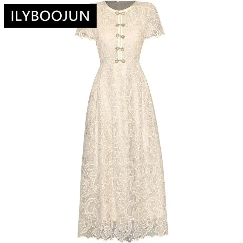 

ILYBOOJUN Summer Fashion Women's Dress Beading Short Sleeved Mesh Embroidery Commuter High Waiste Dresses