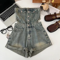 Denim Jumpsuit Wide Leg Shorts Women Fashion Versatile Single Breasted Hollowed Out Waist Strapless Rolled Edge Jumpsuit Shorts