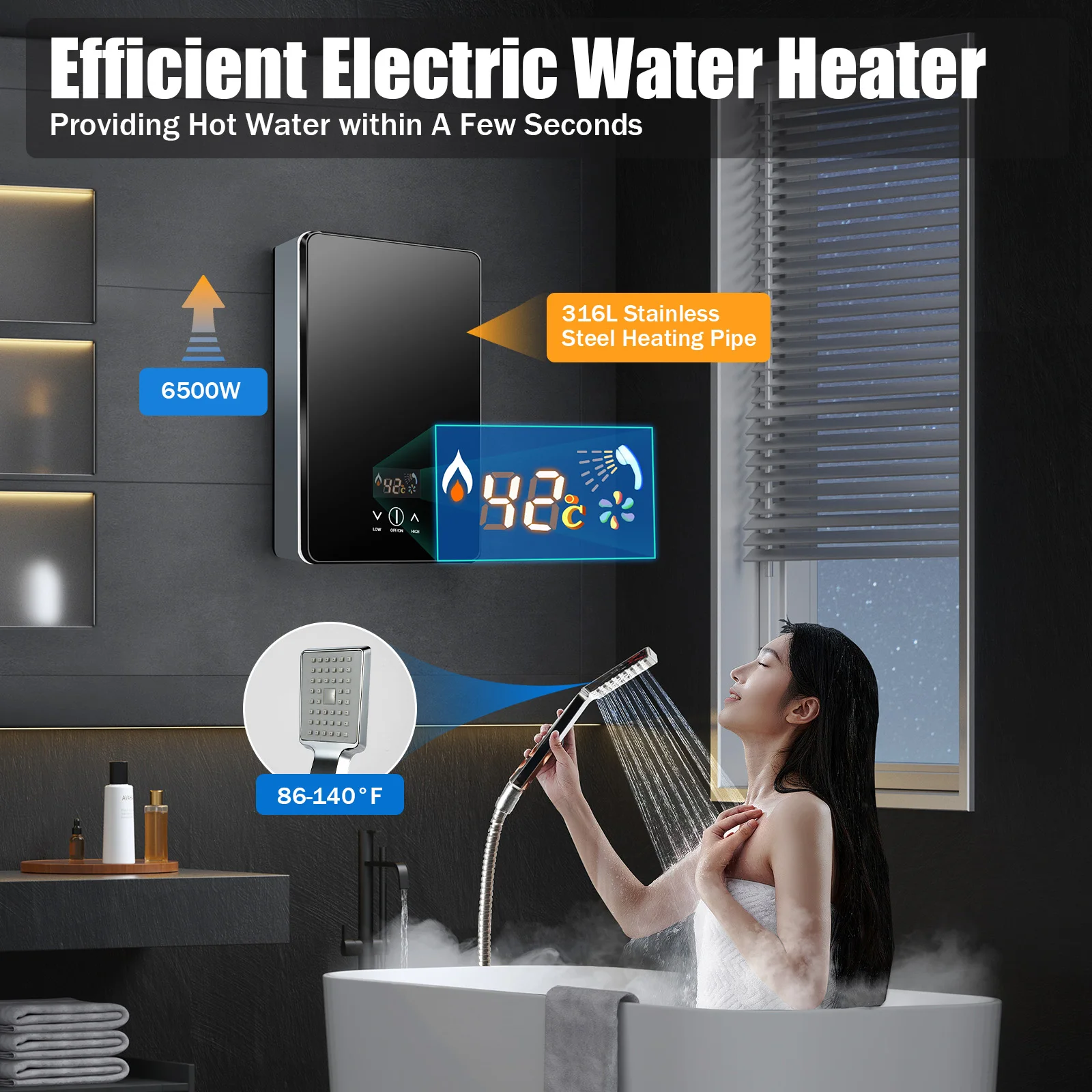 220V Digital Electric Hot Water Heater Tankless Bathroom Shower Kitchen Instant Boiler 6500W with Bath Shower Kit 30-55°C