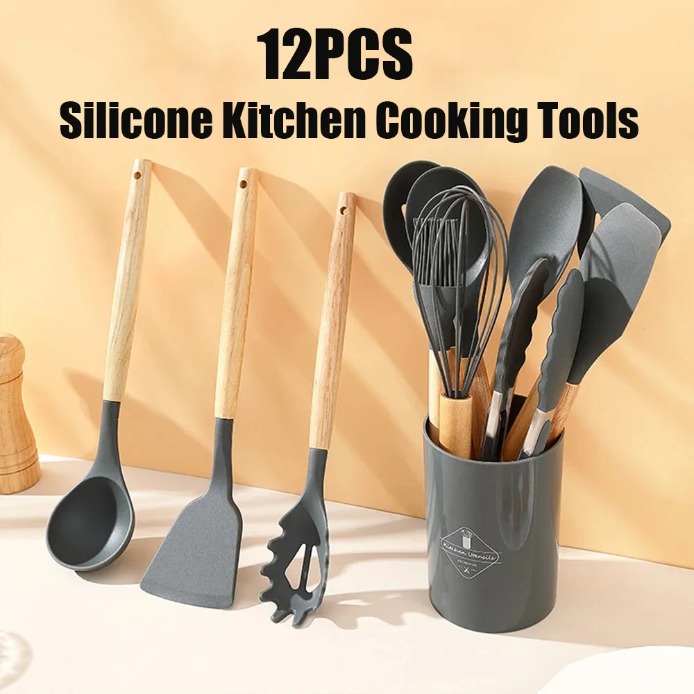 

12PCS Silicone Kitchen Utensils Non-Stick Wooden Handle Cookware Spatula Shovel Soup Spoon Oil Brush Egg Beater Cooking Tool Set