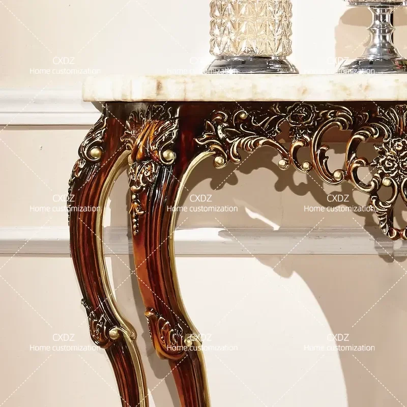 Neoclassical Marble Entrance Table Solid Wood Carved Flower Console for Villa Foyer Corridor End View Cabinet Hallway Decor
