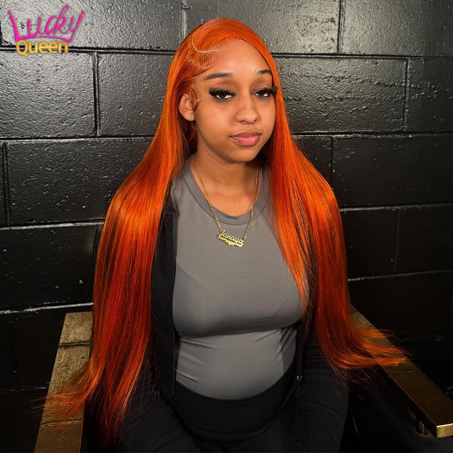 

Straight Sunset Orange Color Pre Plucked Brazilian Wigs Human Hair Baby Hair Transparent Lace 13X6 Frontal For Women 180 Density