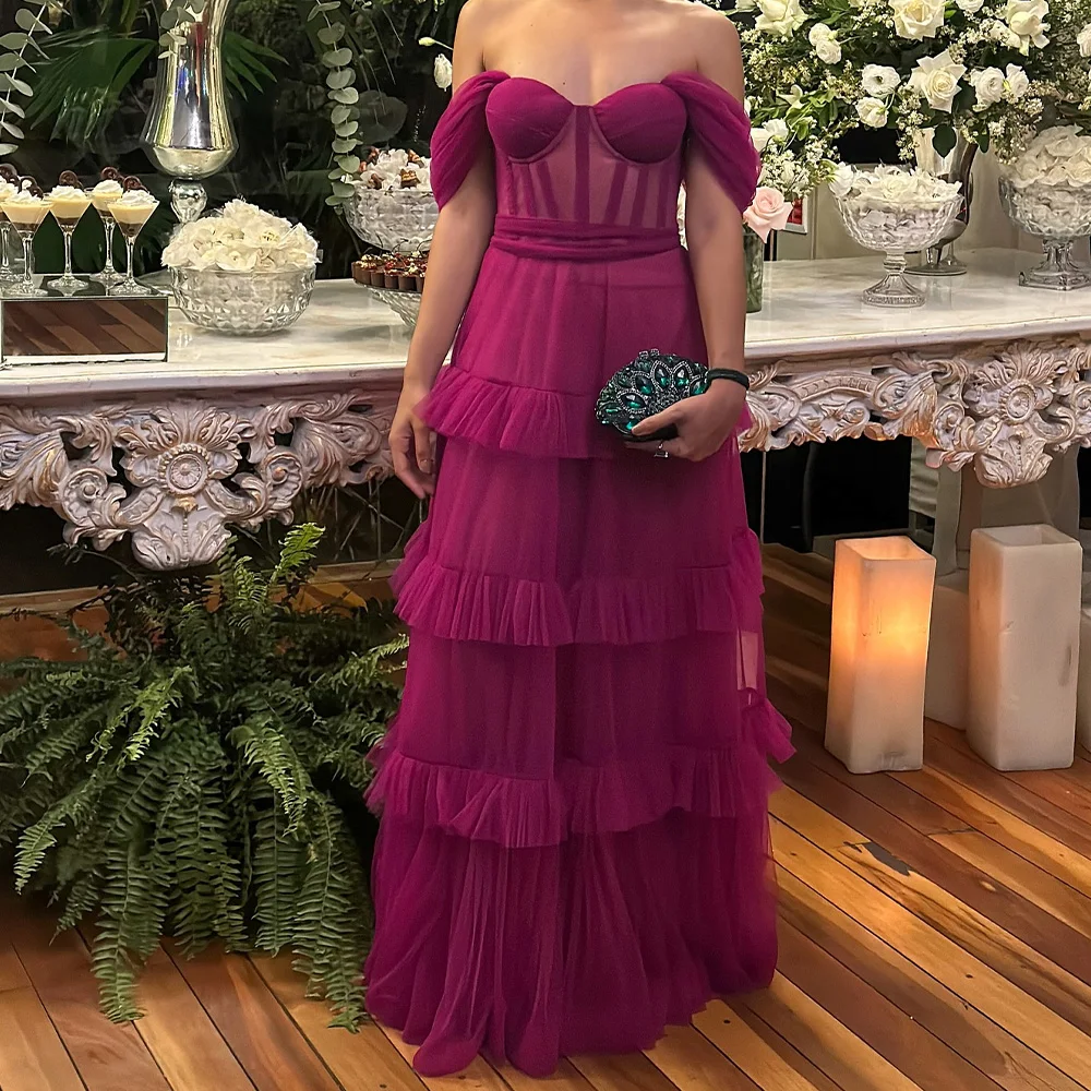 

Elegant Party Dresses Woman Off the Shoulder Short Sleeves Tulle Pleats Floor Length Sweep Train Solid Color Quinceanera Gowns