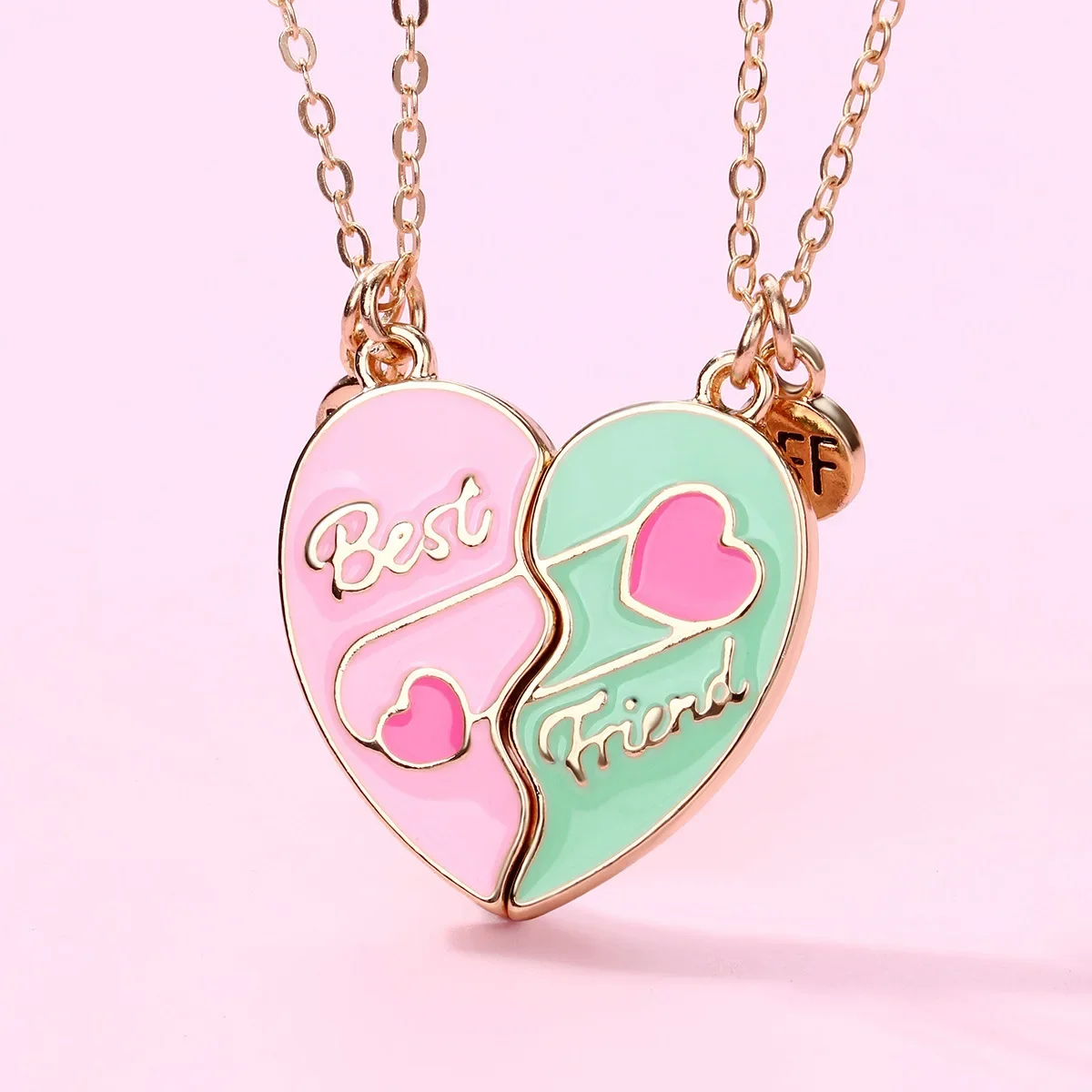 Elviragirl 2Pcs/set Heart-shaped Stitching Drip Oil Painted Best Friend Necklace BFF Friendship Jewelry Gifts for Kids
