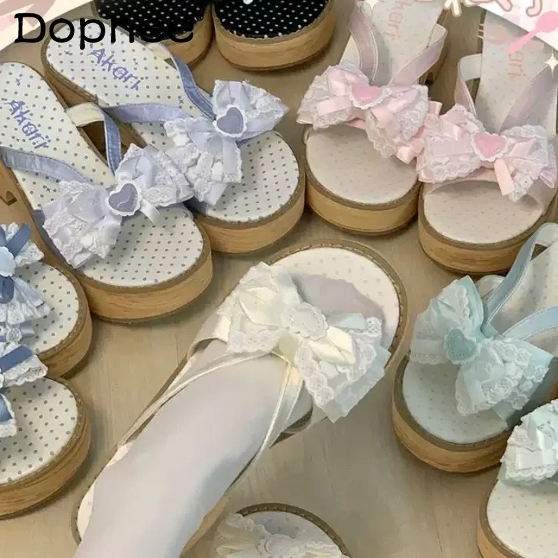 

Japanese Style Cos Lolita Clogs Shoes 2026 Summer New Woman's Sweet Cute Bow Lace Lolita Slippers Girls Lo High Heel Pumps