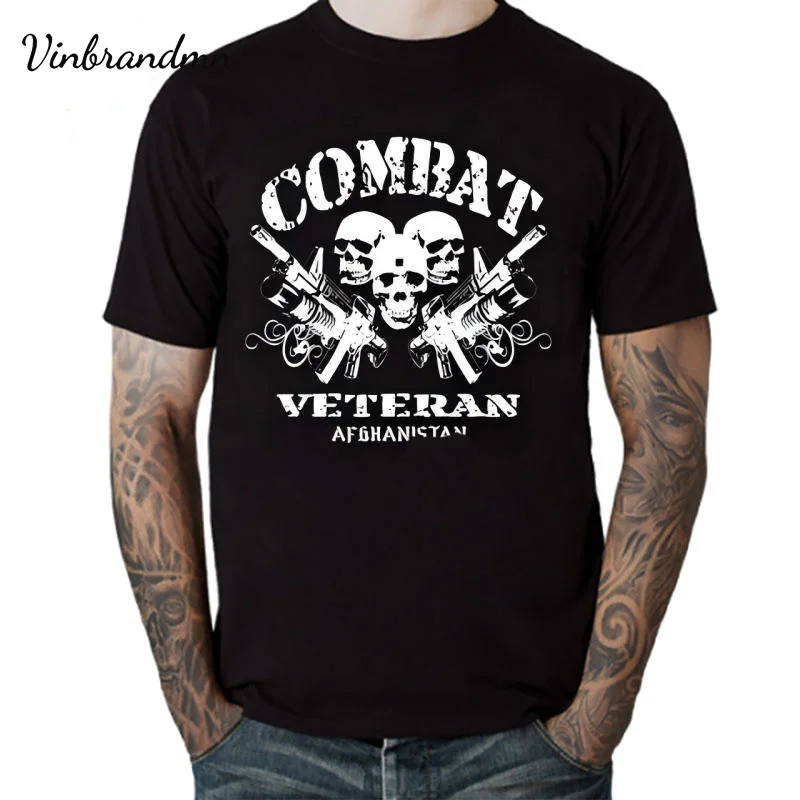 Vintage Combat Veteran Afghanistan Army Men's T-shirt Black Guns Skull Veteran Men Cotton T Shirt Military Tee Shirt Camisetas