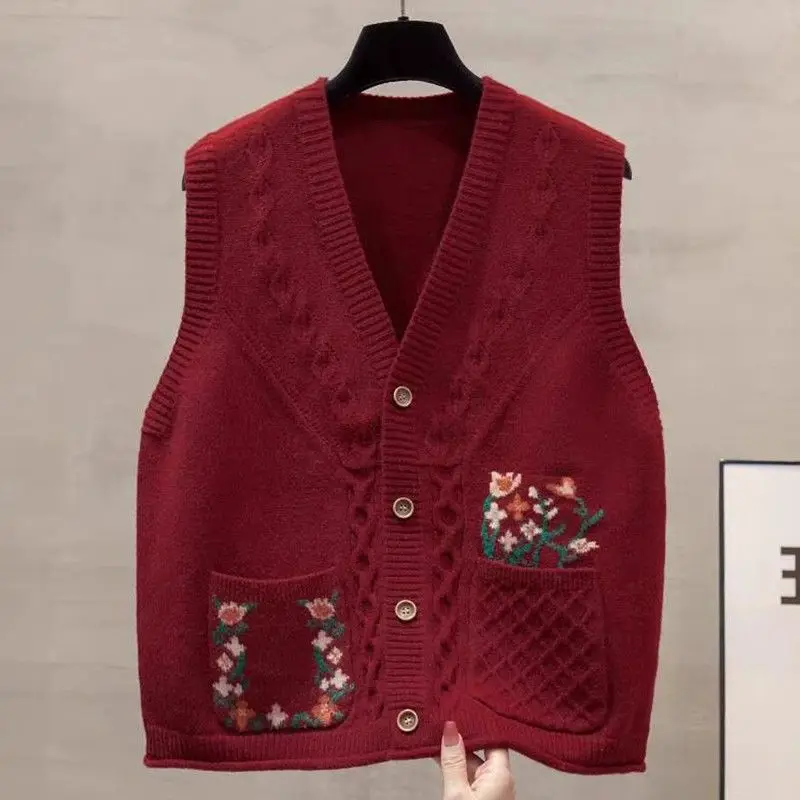 

Korean Style Lazy Stacked Knitted Cardigan Vest for Women Autumn V-neck Outer Vest Sweater