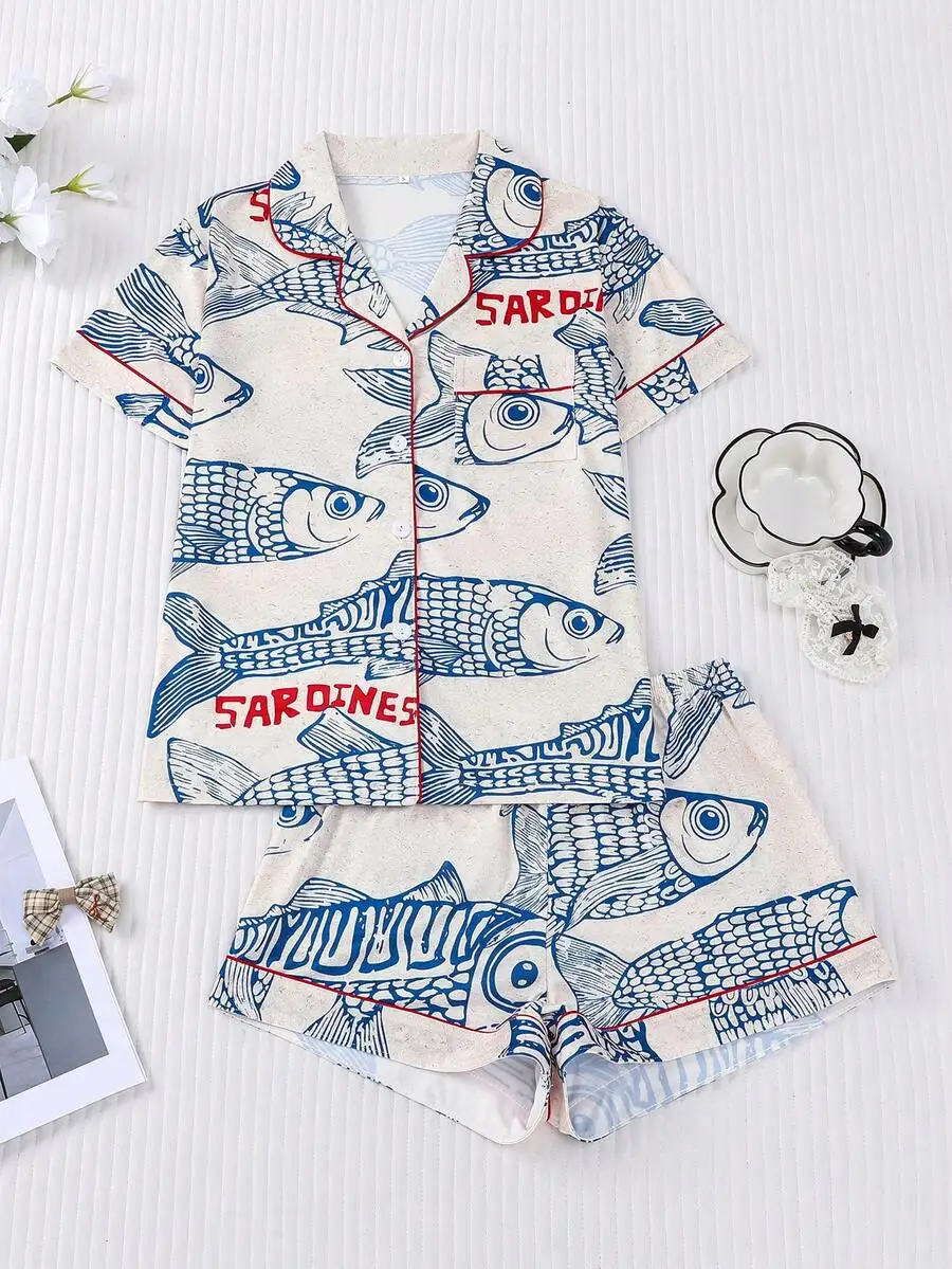 

2pcs Women Sardine Print Pajama Set Short Sleeve Lapel Top And Shorts Homewear Spring Summer