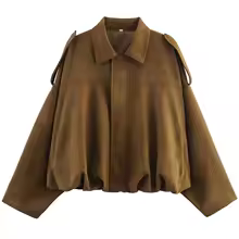 Suede Jacket Cropped Lapel Zip Up Bomber Outerwear for Women - Dark Brown