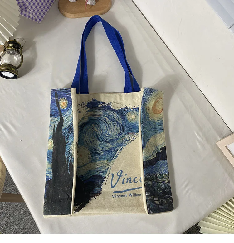 

Van Gogh starry sky hand-painted tote bag large student retro literary and portable custom work shoulder canvas bag female