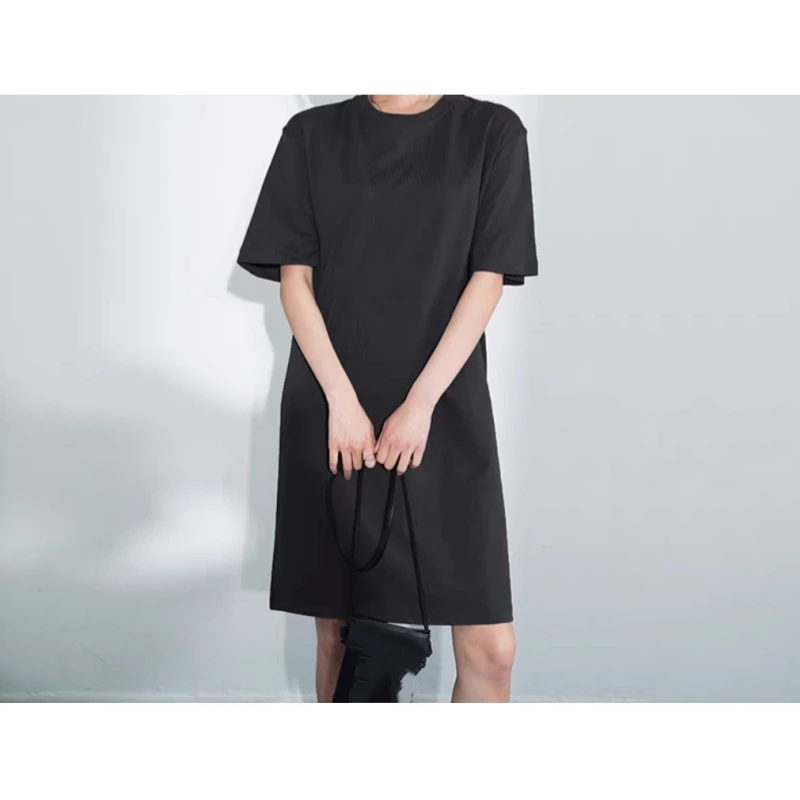 25 ปีฤดูร้อนสไตล์มินิมอลอเนกประสงค์กระชับสัดส่วนคอกลมหลวมความยาวกลางผ้าฝ้ายแขนสั้นชุดเสื้อยืด