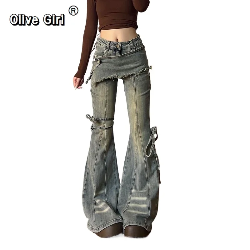 

Olivegirl Women's Low Rise Flared Denim Pants American Retro Korean Blue Trumpet Jeans 2000s Y2k Trouser Bell Bottom High Street
