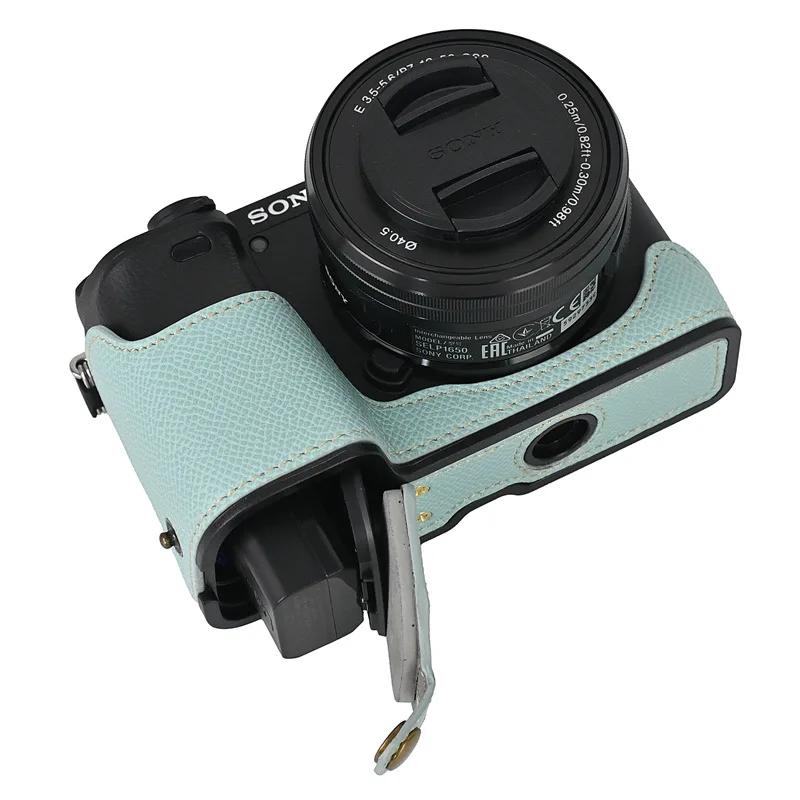 PU Leather Case Camera Video Bag Half Body Base for Sony a6000 a6100 a6300 a6400 Protective Opening Bottom Cover with Hand Strap