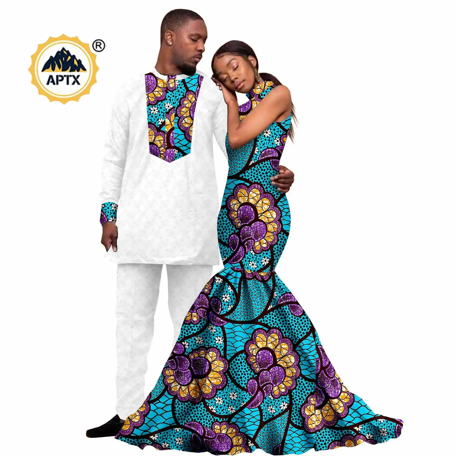 African Print Long Mermaid Dresses for Women Matching Couples Outfits Dashiki Men Patchwork Top and Pant Sets Bazin Riche 24C022