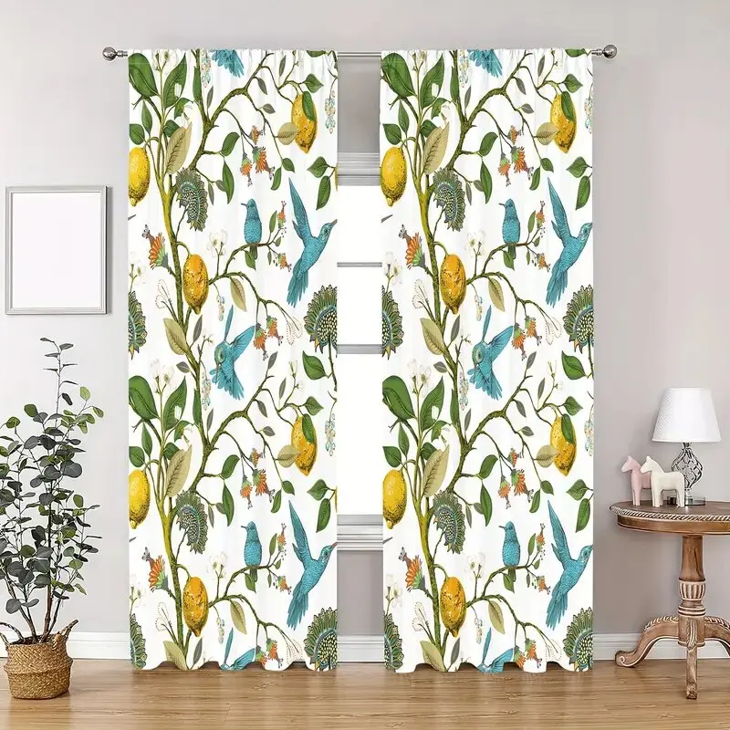

2pcs- Blue hummingbird pattern printed curtains, window decorations, home decorations, room decorations