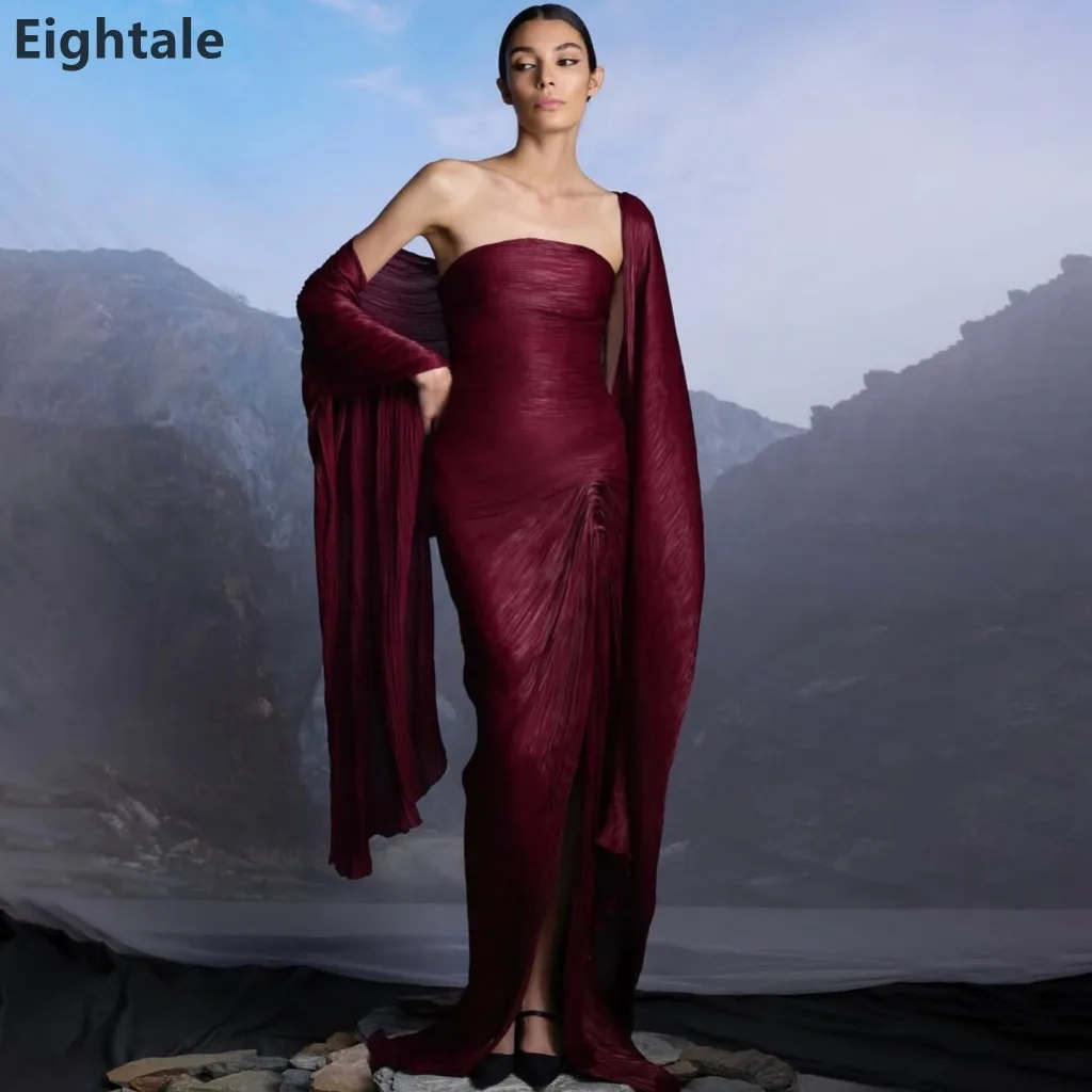 Suknia wieczorowa Eightale 2025, maxi, syreni krój, burgundowa, jedwabna, z szalem, formalna suknia na studniówkę, suknia ślubna w stylu Dubai, szyta na miarę.