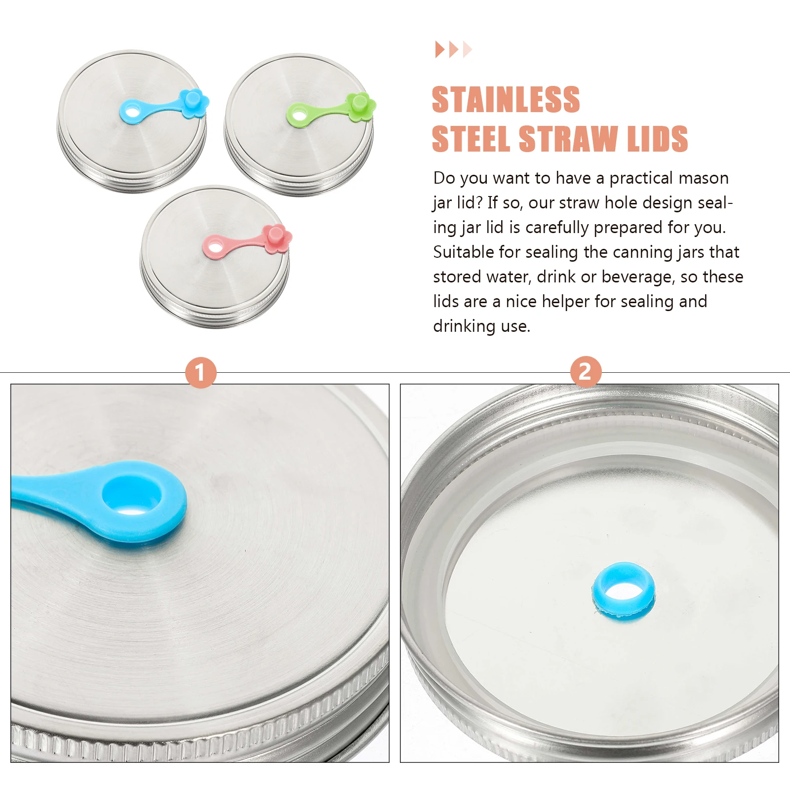 

3 set 3 Sets Stainless Steel Straw Lids Leakproof Sealed Jar Covers Canning Lid With Stoppers Reusable Drinking Supplies Strong