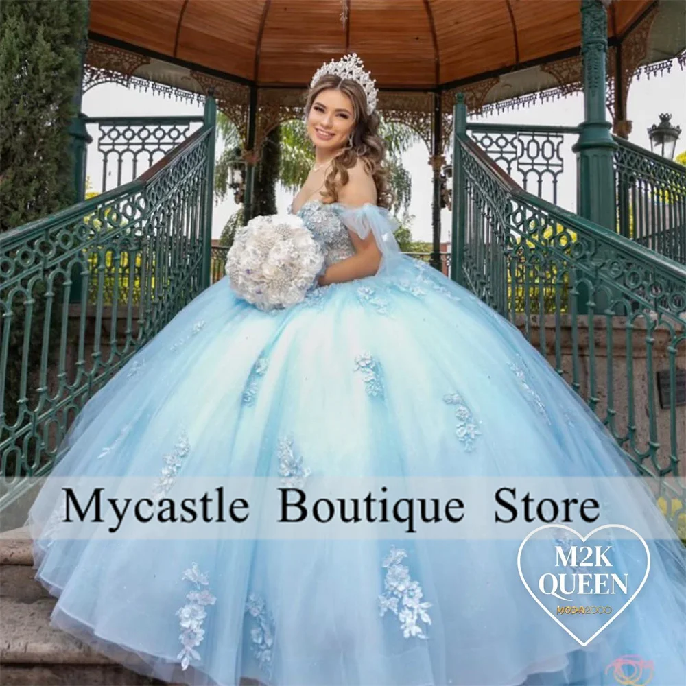 Vestidos de Quinceañera de encaje azul claro, vestido de baile con hombros descubiertos, cuentas de princesa dulce 16, vestidos de fiesta de cumpleaños 2023