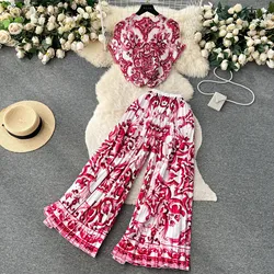 Runway Pleated Two Piece Set Summer Fashion Turtleneck Gradient Print Stretchy Casual Top and Wide Leg Pant Suit Women Clothes