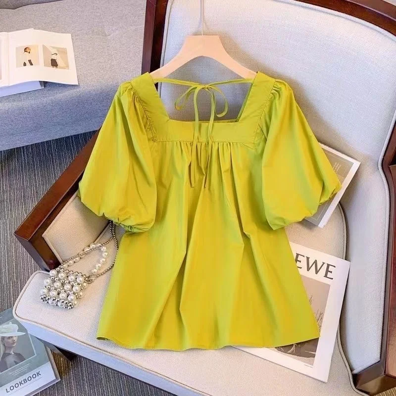 Retro Vierkante Kraag T-shirt Dames Zomer Nieuwe Grote Maat Losse Top Design Bubble Sve Eenvoudige Basis irt Casual Sle ort...